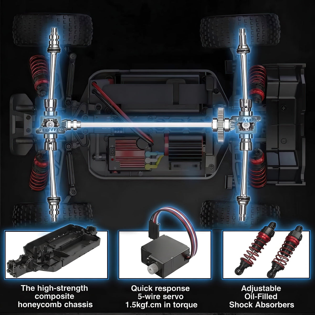 AUOSHI RC Cars 1:16 High Speed Remote Control Truck, 4WD All Terrain Off Road RC Truck 35+MPH with LED Lights, 2 Batteries for Kids and Adults Toy Gifts