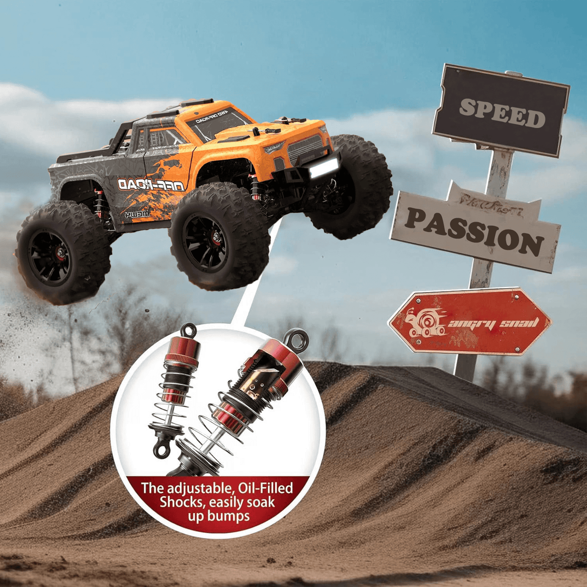 AUOSHI RC Cars 1:16 High Speed Remote Control Truck, 4WD All Terrain Off Road RC Truck 35+MPH with LED Lights, 2 Batteries for Kids and Adults Toy Gifts