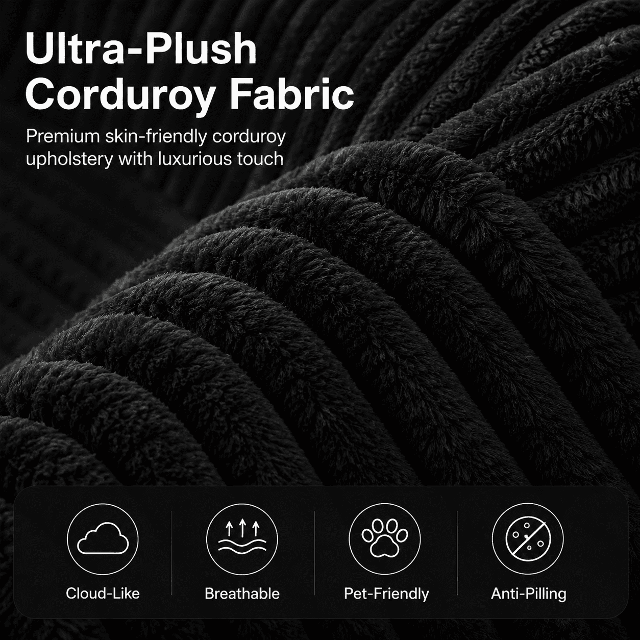 104" Corduroy Modular Sectional Sofa, L-Shaped Deep Seat Couch with Chaise, Pocket Spring Support, No Assembly Required, Black
